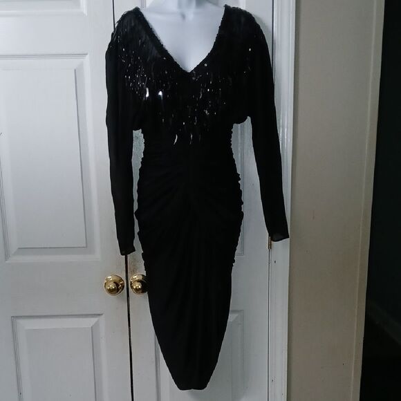 Cache Vintage black sequin embellished ruched dress Sz 10 EUC Made in USA - Picture 1 of 10